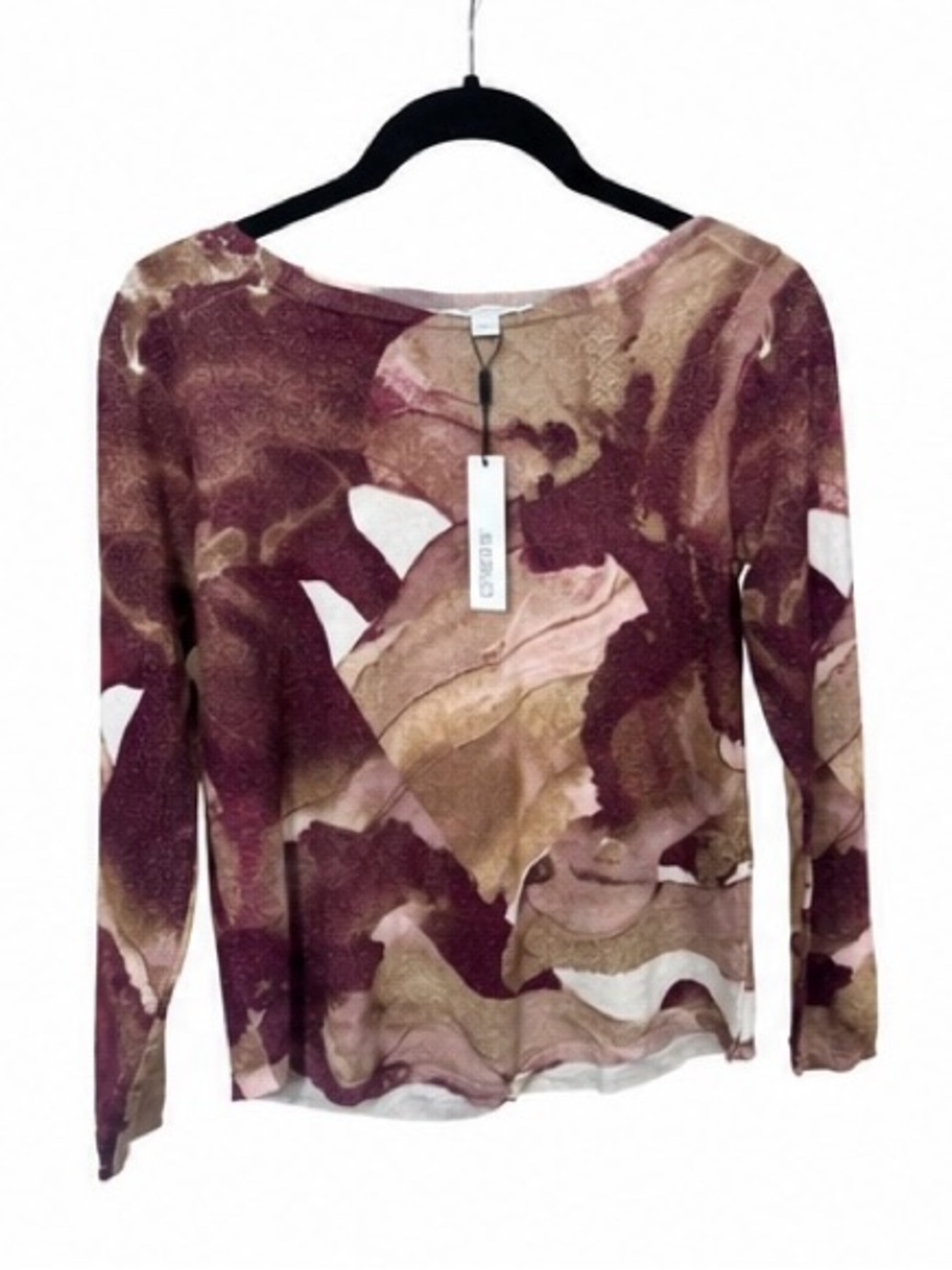 Chico’s NWT Abstract Print Sweater Size 0 Burgundy Tan Shimmer Top # A1-0007